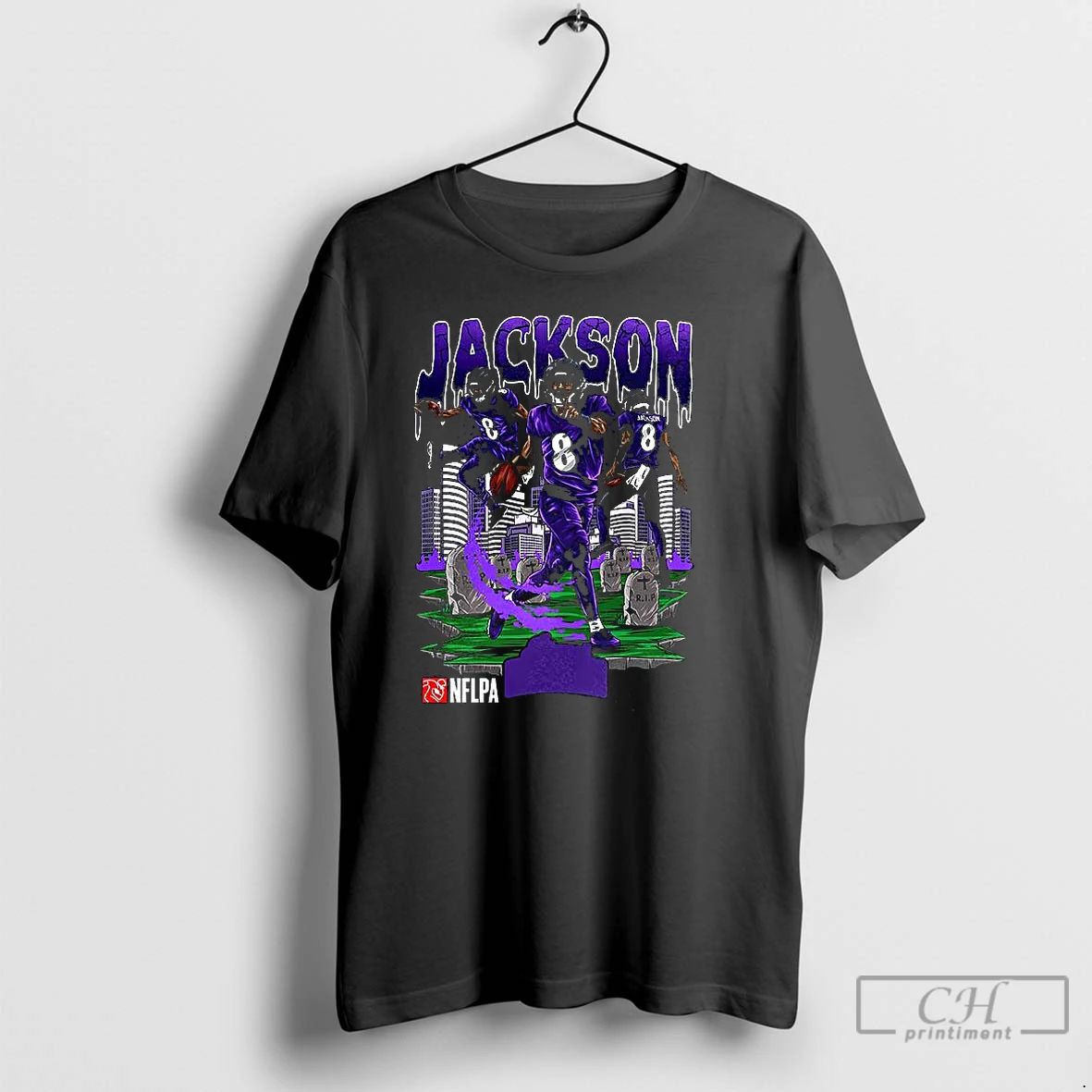 Classic Lamar Jackson Baltimore Ravens Football Number 8 Cemetery Skyline T Shirts
