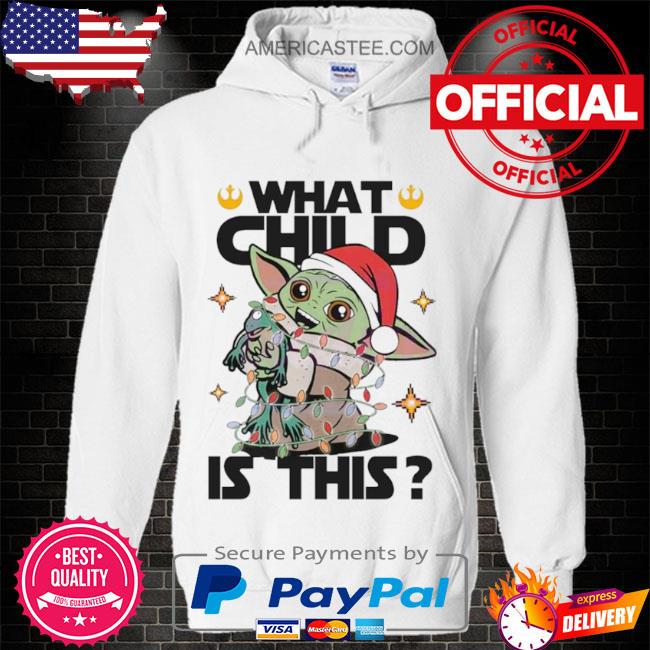 What child is this Yoda santa hat Christmas lights sweater