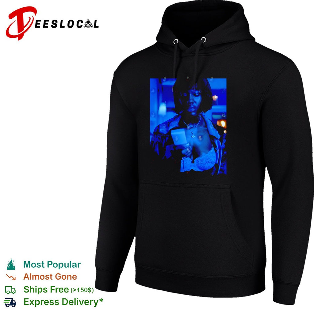 women looking at phone in blue light portrait shirt